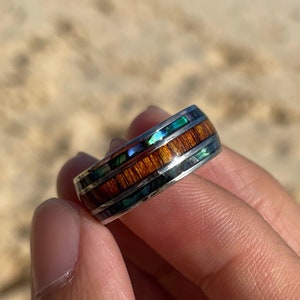 Natural Abalone and Koa Wood Ring Stainless Steel Tarnish Resistant Non-Tarnish Jewelry Men's Band Ring