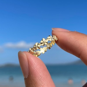 Gold Plumeria Flower Ring, Band Ring Lei Ring Gift, Gift for Her Stackable Ring- Gold Plated