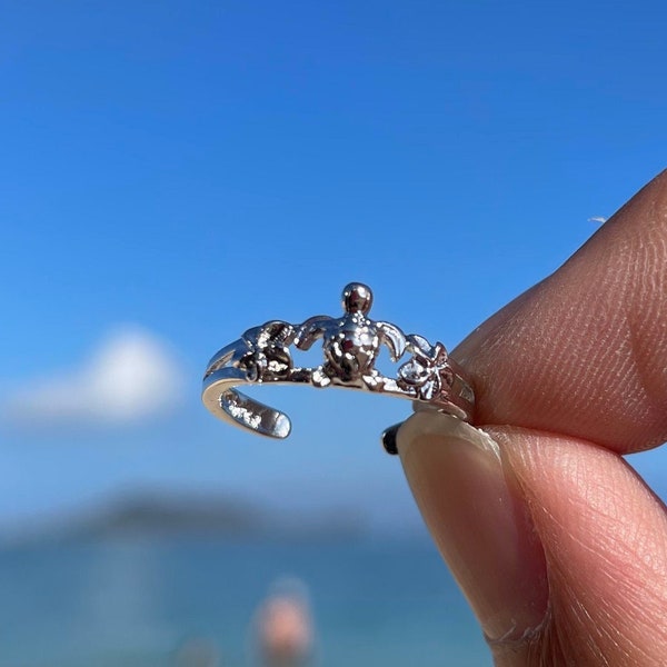 Turtle Toe Ring, Flower Toe Ring, Silver Adjustable Toe Rings, Free Size, Open, Hawaii Style Jewelry, Gift Under 10, Gift for Her