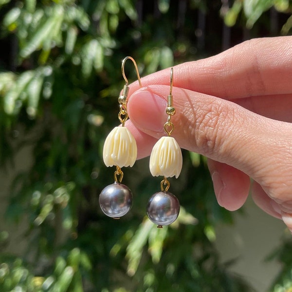 Pikake Earrings Flower, Hand Crafted Cute Pearl Dangling Earrings Hamilton Gold Jewelry Earrings Hawaii Jewelry Island Inspired Jewelry