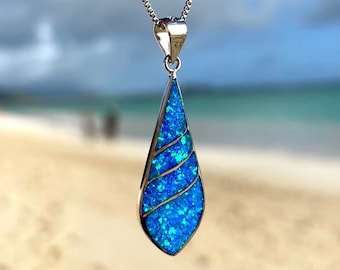 Blue Opal Long Teardrop Necklace- 925 Sterling Silver