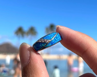 Blue Opal Ring, Sterling Silver Ring, Cubic Zirconia Inlay Design Opal Ring, Ocean Blue Opal, Birthstone, 925 Sterling Silver,Hypoallergenic