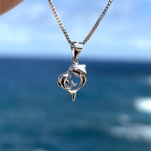 Dolphin Necklace- 925 Sterling Silver, Heart Necklace, Opal Spinner Dolphin, Mother and Daughter Dolphin Charm, Gift for Her, 15mm x 10mm