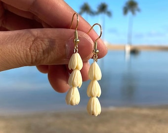 Gold Triple Pikake Earrings Flower Gold Dangling Earrings Hamilton Gold Jewelry Earrings Hawaii Jewelry Island Inspired Jewelry