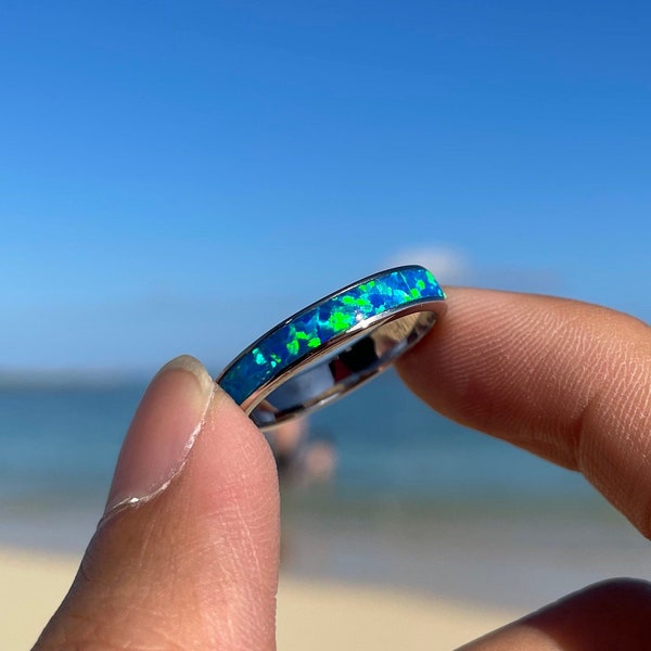 Ocean Blue Fire Opal Infinity Ring 4mm 925 Solid Sterling Silver