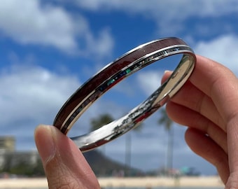 Abalone and Koa Wood Bangle Stainless Steel Tarnish Resistant Non Tarnish Jewelry