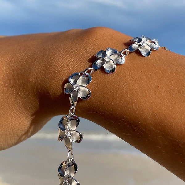 Flower Bracelet, Plumeria Flower Bracelet With Cubic Zirconia, Bracelet Flower, Silver Plated w/ Lobster Clasp