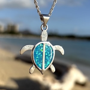 Turtle Necklace -  Large Silver Blue Turtle Necklace Hawaiian Jewelry, Au&#39;au Channel Collection