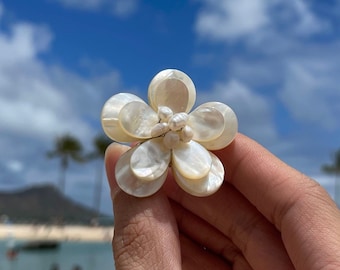 White Shell Ring, Mother of Pearl Ring, Natural Shell Flower Statement Ring, Adjustable, Stainless Steel Ring, 3 Available Colors
