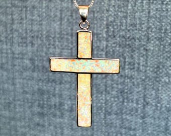 Extra Large White Opal Cross Necklace - Heavy Duty 925 Sterling Silver Pendant, Big Christian Cross Jewelry, Lanikai Collection