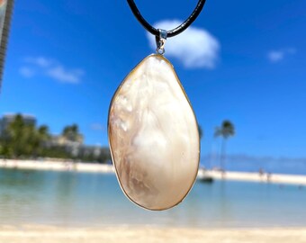 White Mother of Pearl Necklace with Leather Cord, Solid White Mother of Pearl, Nature Inspired Jewelry, Gift for Her, Statement Necklace
