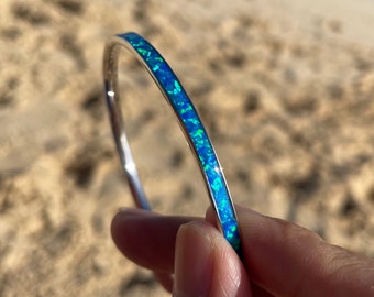 Opal Baby Bangle Bracelet Ocean Blue Infinity Opal Jewelry Sterling Bangle Gifts for Her 925 Sterling Silver 4mm