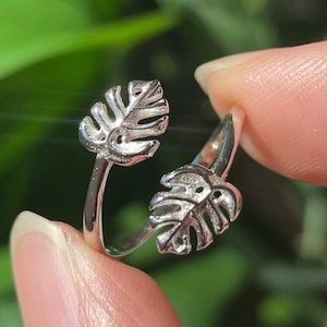 Ring i sterlingsilver med monsterablad / massivt 925 sterlingsilver, hawaiianska smycken, justerbar ring, Hilo Rainforests-kollektionen