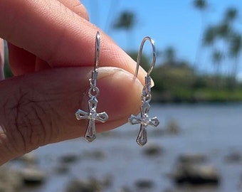 Cross Earrings - 925 Sterling Silver Cross Dangling Earrings  w/ Cubic Zirconia, Petite Gift for Her Earrings, Religious Jewelry