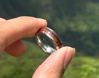 Koa Wood Band Ring - Skinny 6mm Stainless Steel, Natural Wood Jewelry, Perfect Gift for Him or Her, Tarnish Resistant
