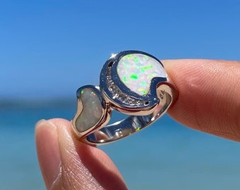 White Opal Crescent Moon Ring • 925 Sterling Silver • Lanikai CollectionCollection