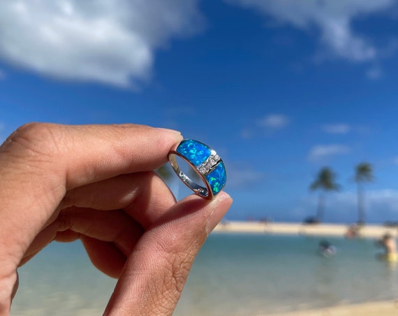 Blue Opal Ring / Sterling Silver Ring, October Birthstone Ring, Cubic Zirconia Inlay Design, 925 Sterling Silver