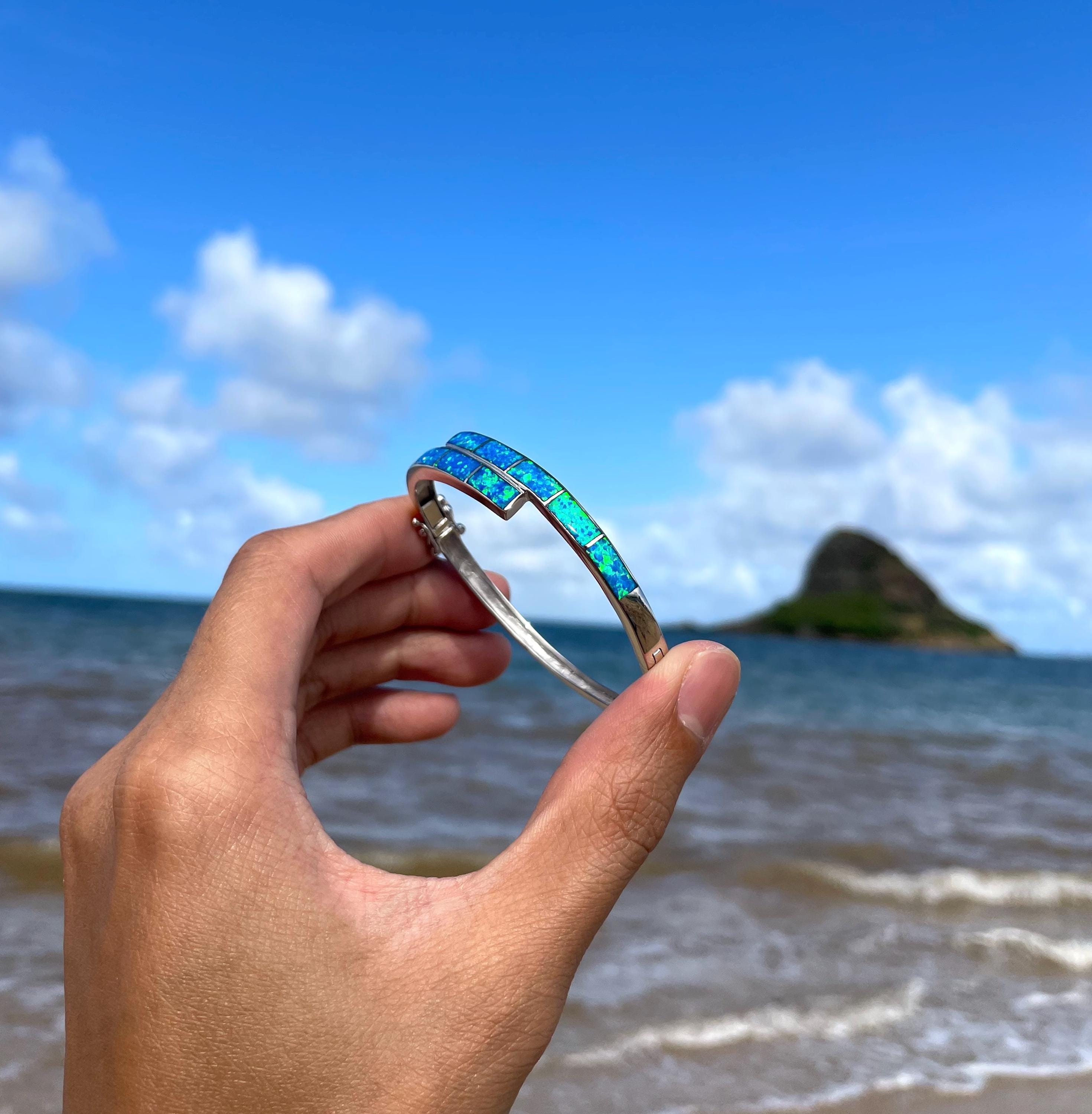 Blue Opal Overlap Bangle • 925 Sterling Silver • 7.5