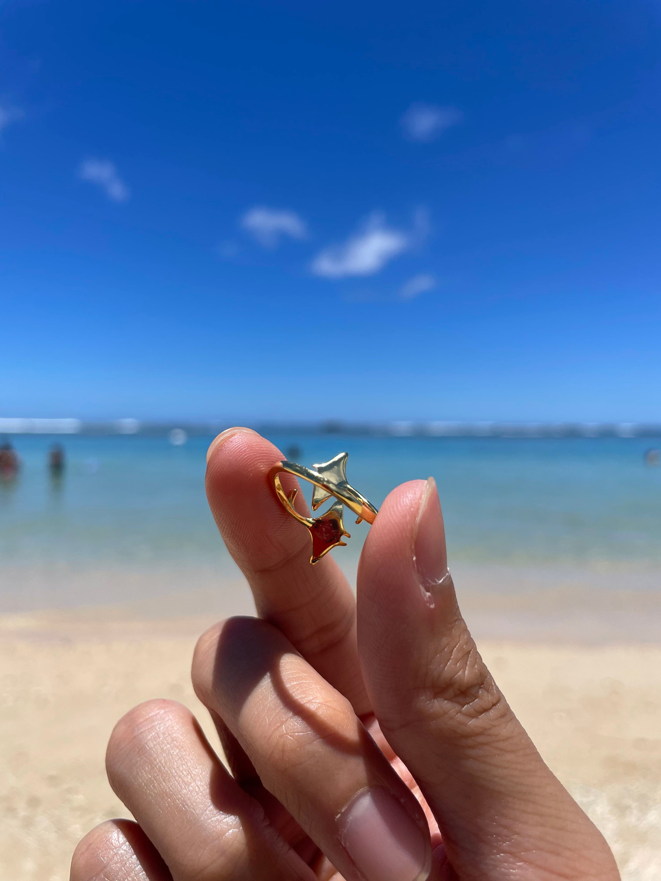 Gold-Manta-Rochen-Ring – 925er Sterlingsilber mit 18 Karat Goldauflage, Zwillings-Manta-Rochen, verstellbarer Ring, Au'au Channel Whales Collection