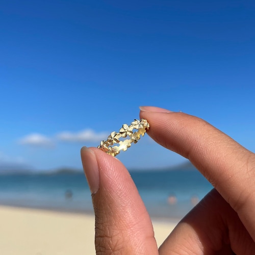 Gold Plumeria Flower Ring, Band Ring Lei Ring Gift, Gift for Her Stackable Ring- Gold Plated