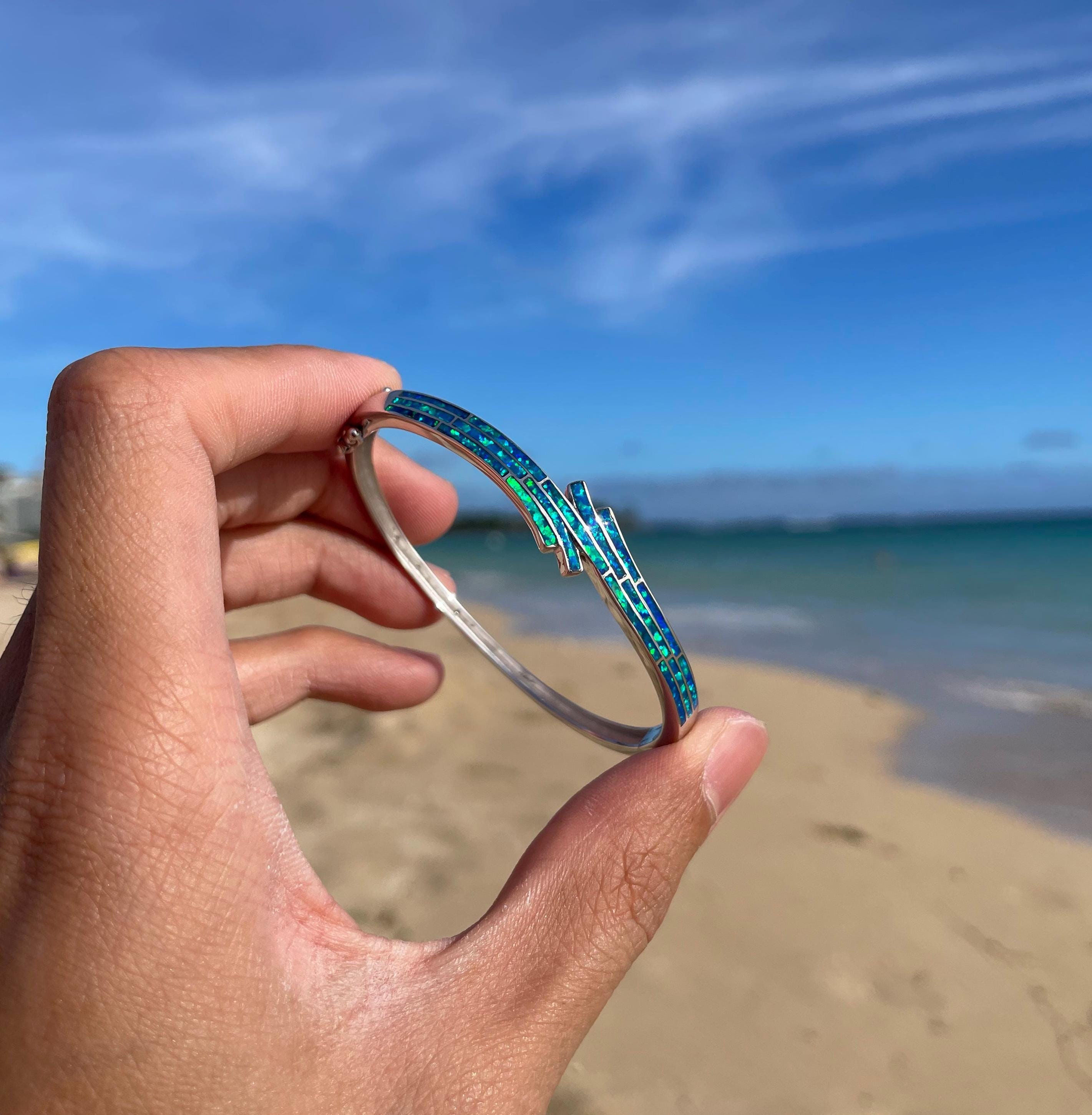 Blue Fire Opal Wave Bangle - 925 Sterling Silver Curling Waves