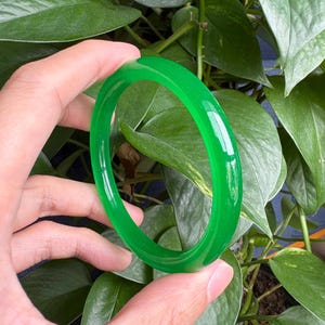 May include: A vibrant green jade bangle bracelet. The smooth, polished surface reflects light, showcasing the translucent quality of the stone. The bracelet is held against a backdrop of lush green foliage.