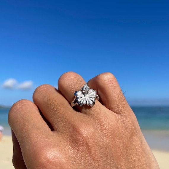 Medium Hawaiian Hibiscus Flower Ring With CZ Solid Sterling