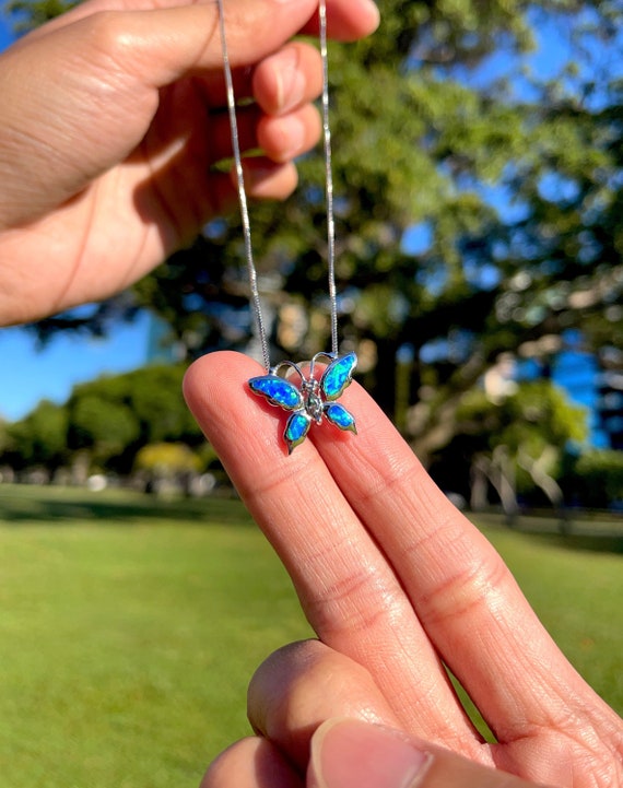 Blue Fire Opal Butterfly Necklace- Butterfly Necklace, 925 Sterling Silver, Hawaiian Jewelry,  Jewelry, Gift for Her
