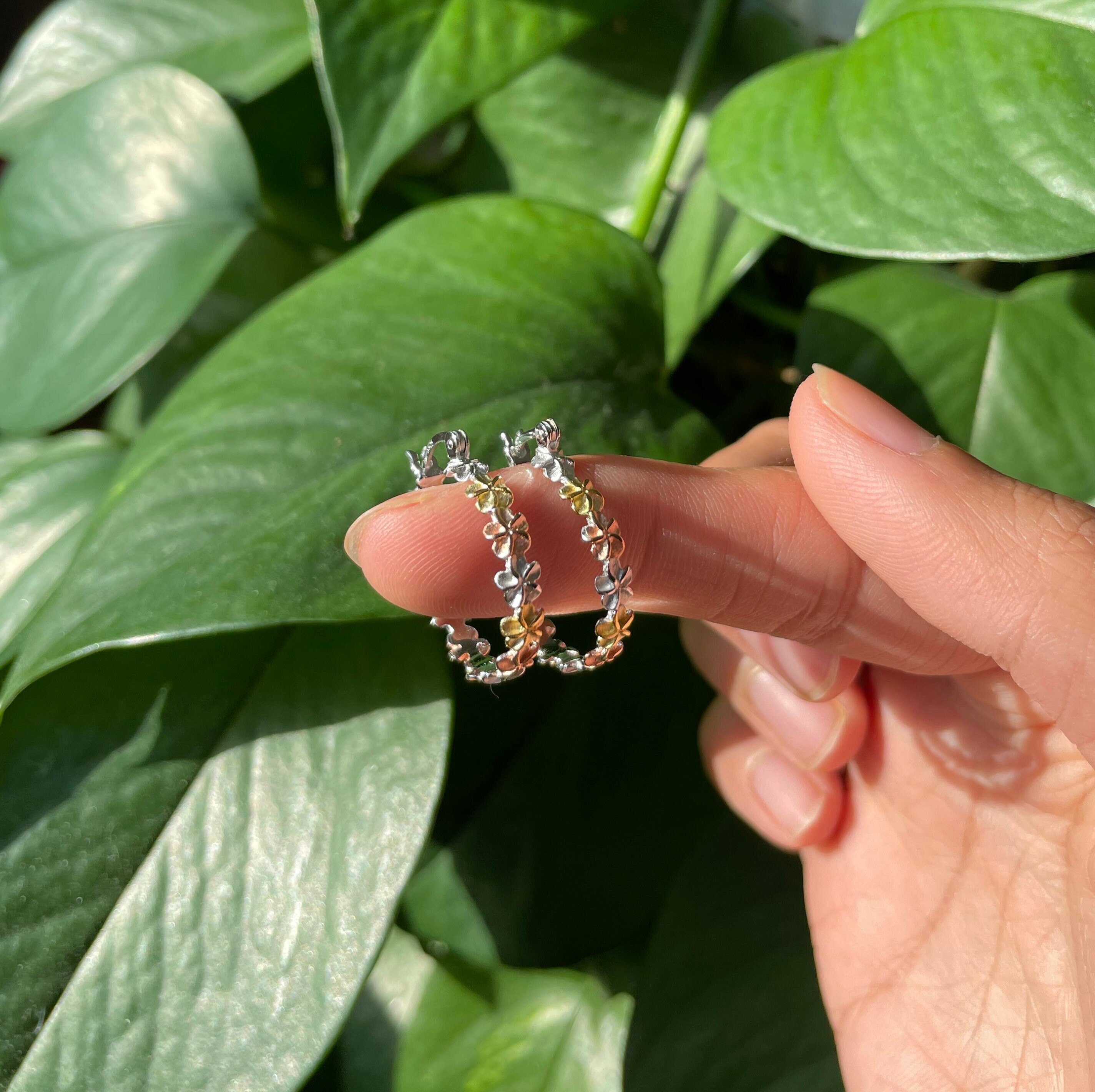 Gold Flower Hoop Earrings / 925 Sterling Silver, Flower Earrings with 18k Gold Overlay. Waikiki Waves Collection, Perfect Gift for Her