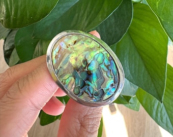 Abalone Shell Ring - Adjustable - Stainless Steel Statement Jewelry, Hawaii Inspired Gift, Adjustable Size 6 to 9.