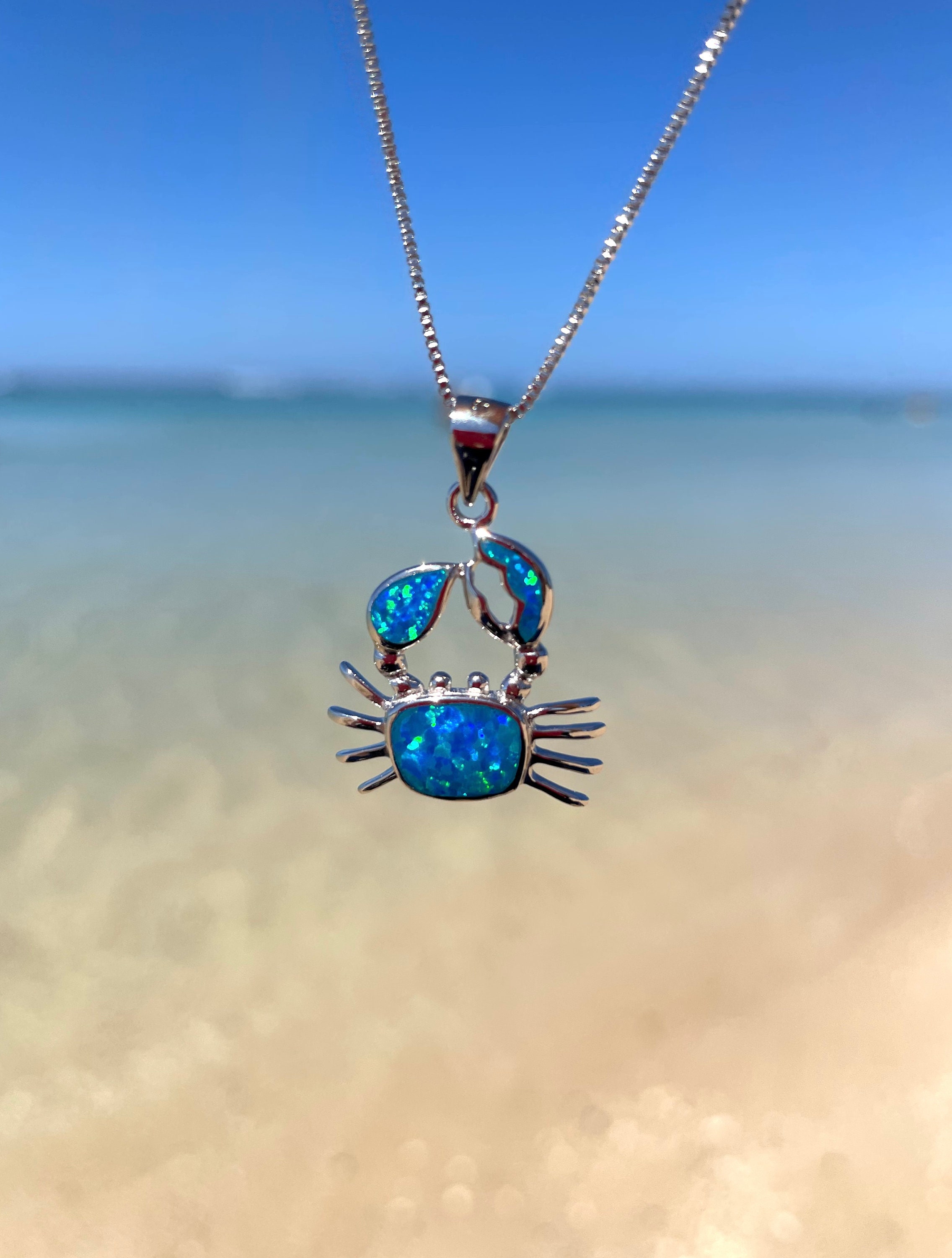 Blue Opal Crab Necklace- 925 Sterling Silver Opal Jewelry