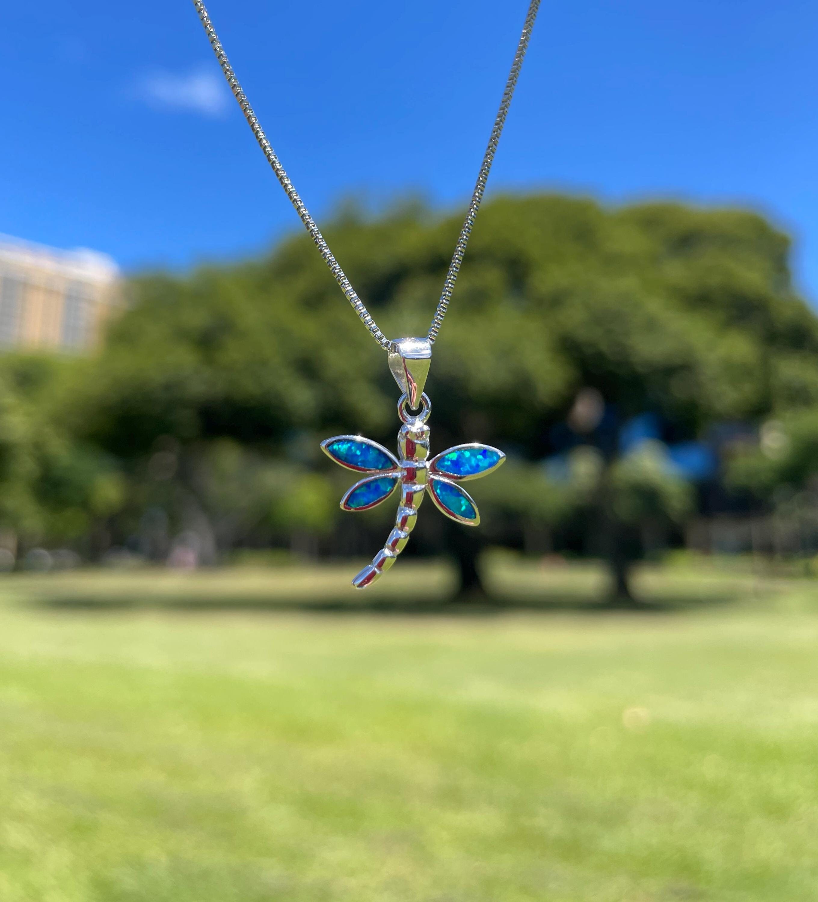 ☺︎ Blue Fire Opal Dragonfly Necklace - 925 Sterling Silver