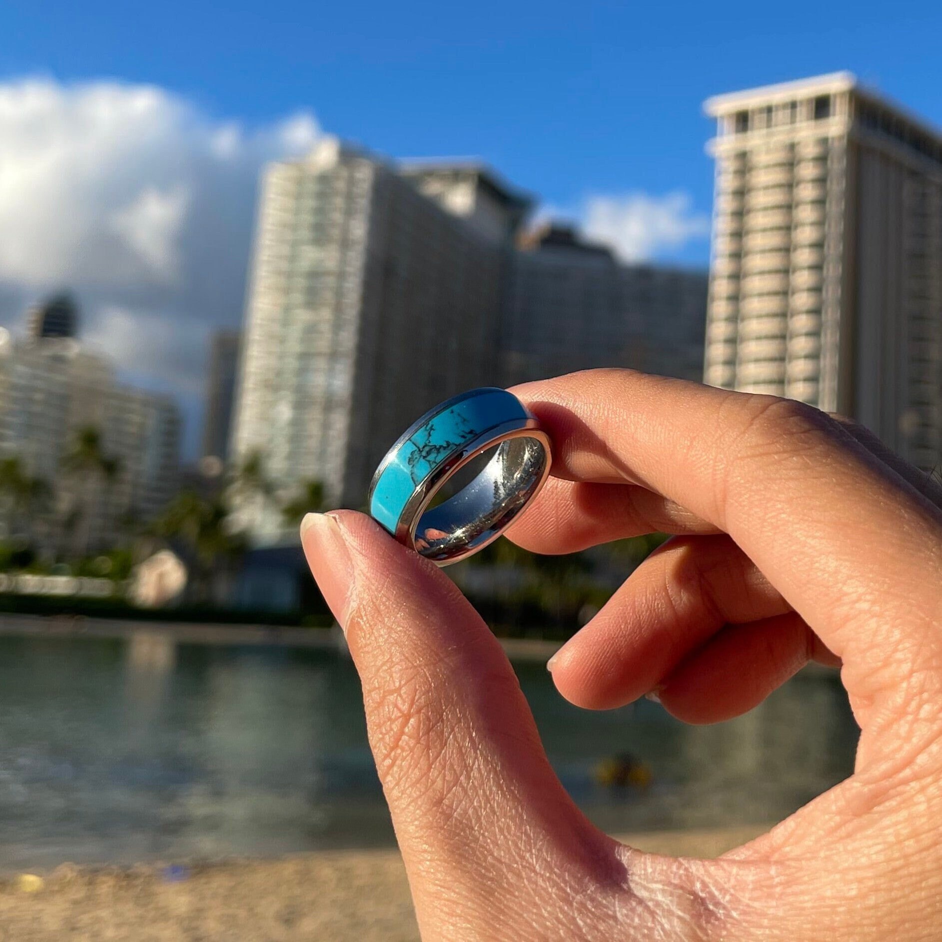 Blue Turquoise Band Ring - Stainless Steel, Tarnish Resistant, Polished, Mens Ring, 8mm