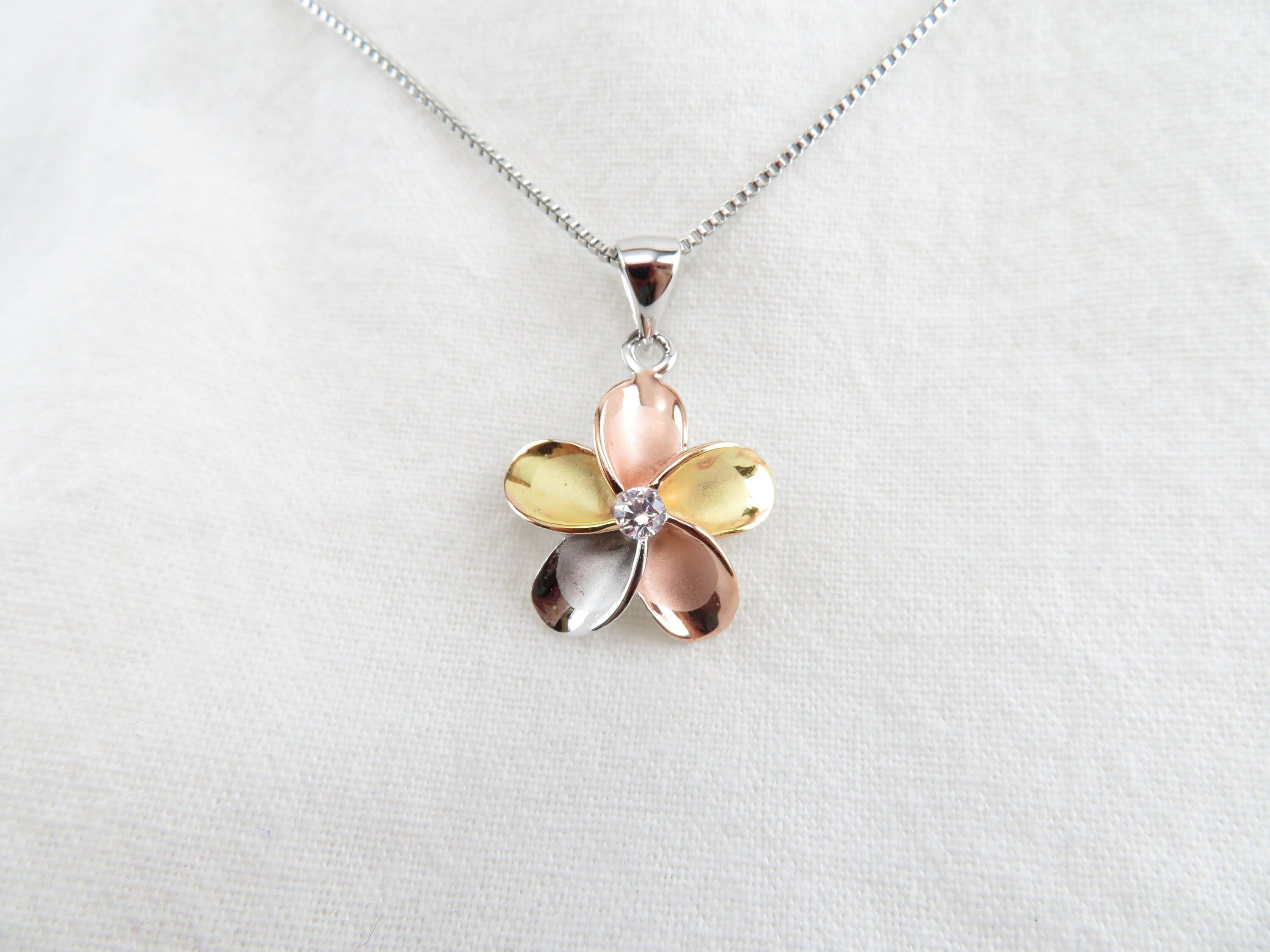 Multicolor Plumeria Flower Necklace with Cubic Zirconia Silver Plated Box  Chain 18mm Pendant