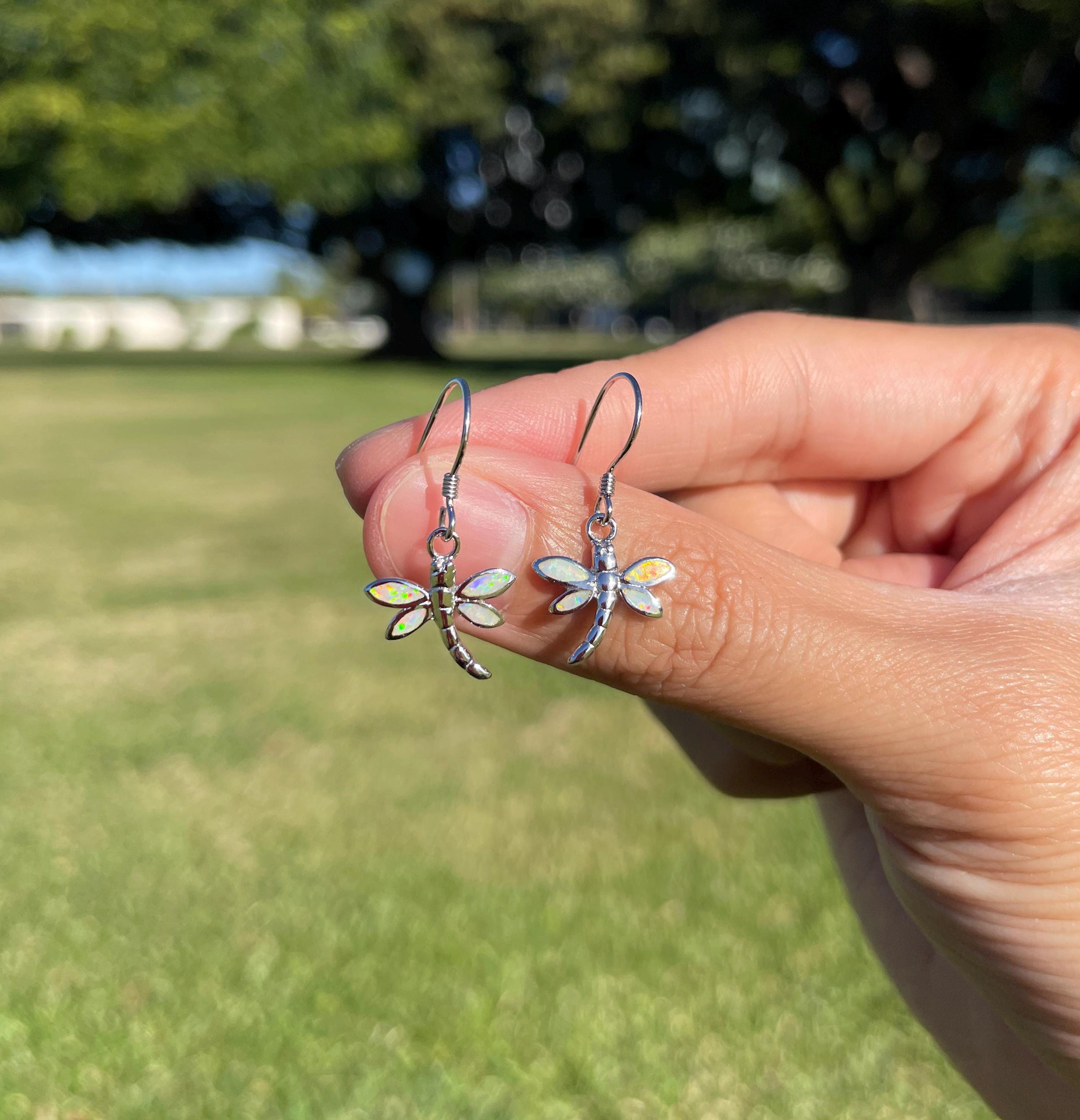 LEI様 White Fire Opal Dragonfly Earrings - 925 Sterling Silver
