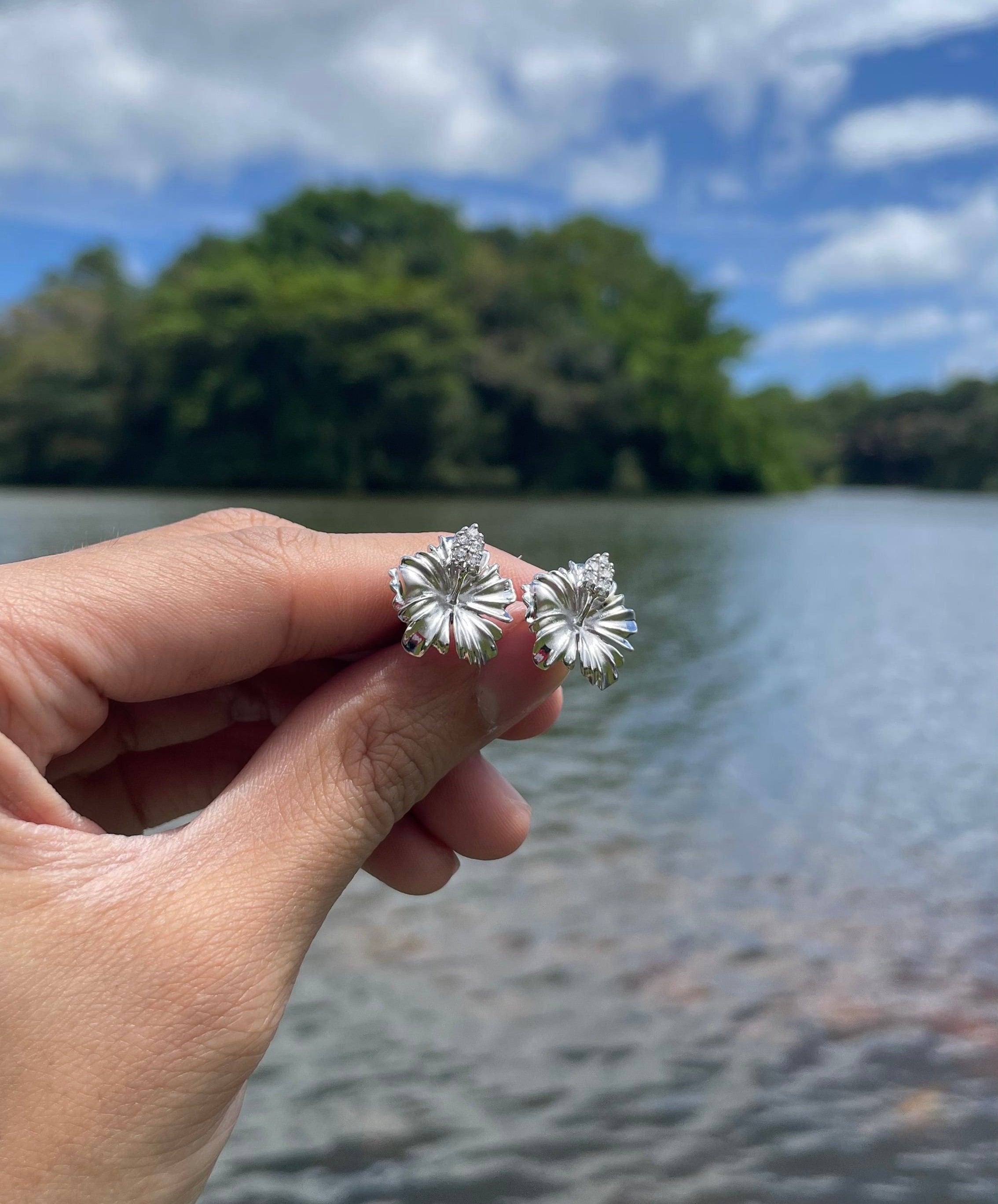 Orecchini Pendenti Argento 925 Placcato Oro Rosa – Fiore Ibisco Hawaiano Gancio 10mm - Foto 5