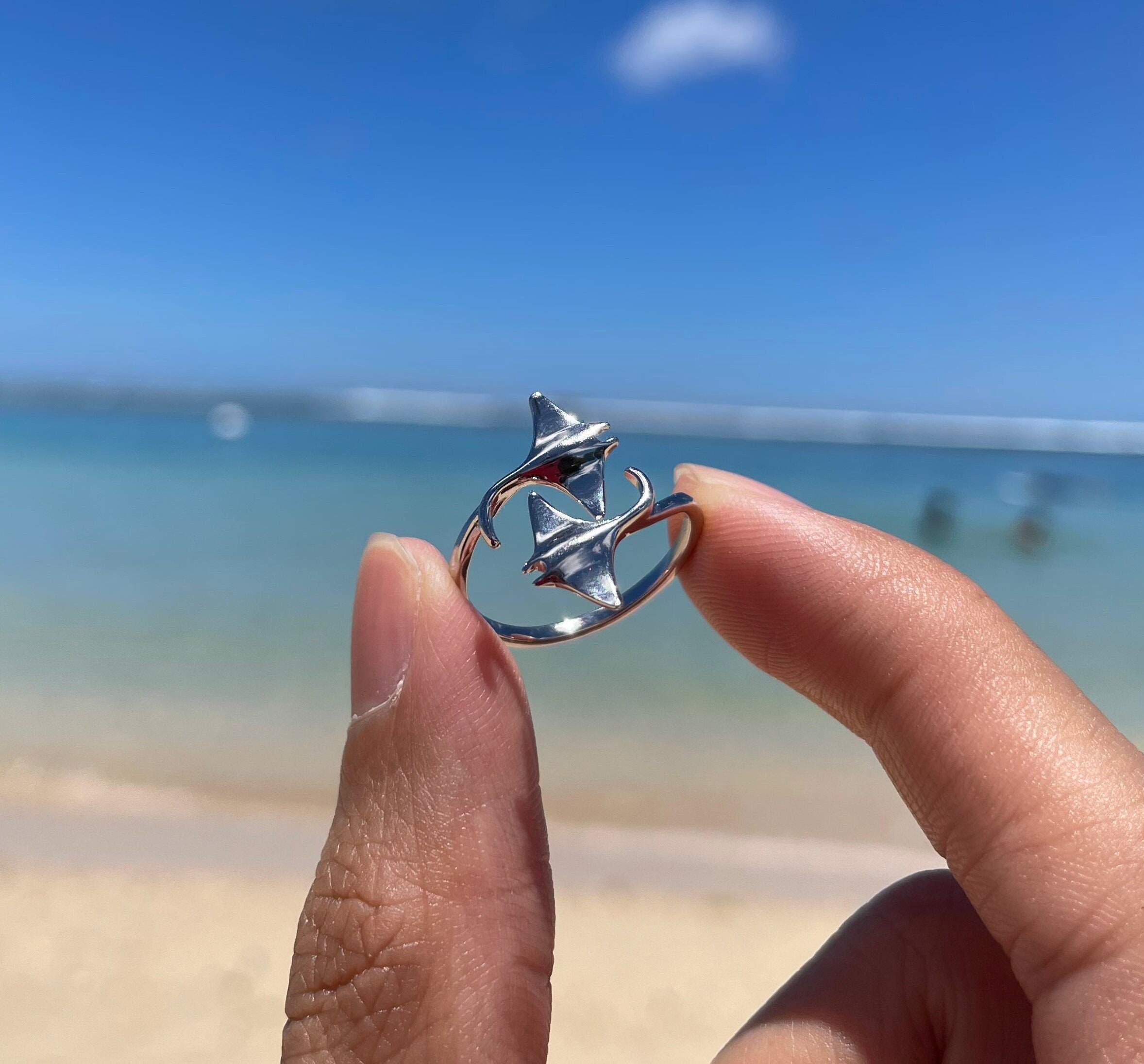 Manta Ray Ring - 925 Sterling Silver, Twin Manta Rays, Adjustable Ring, Hawaiian Jewelry, Au'au Channel Whales