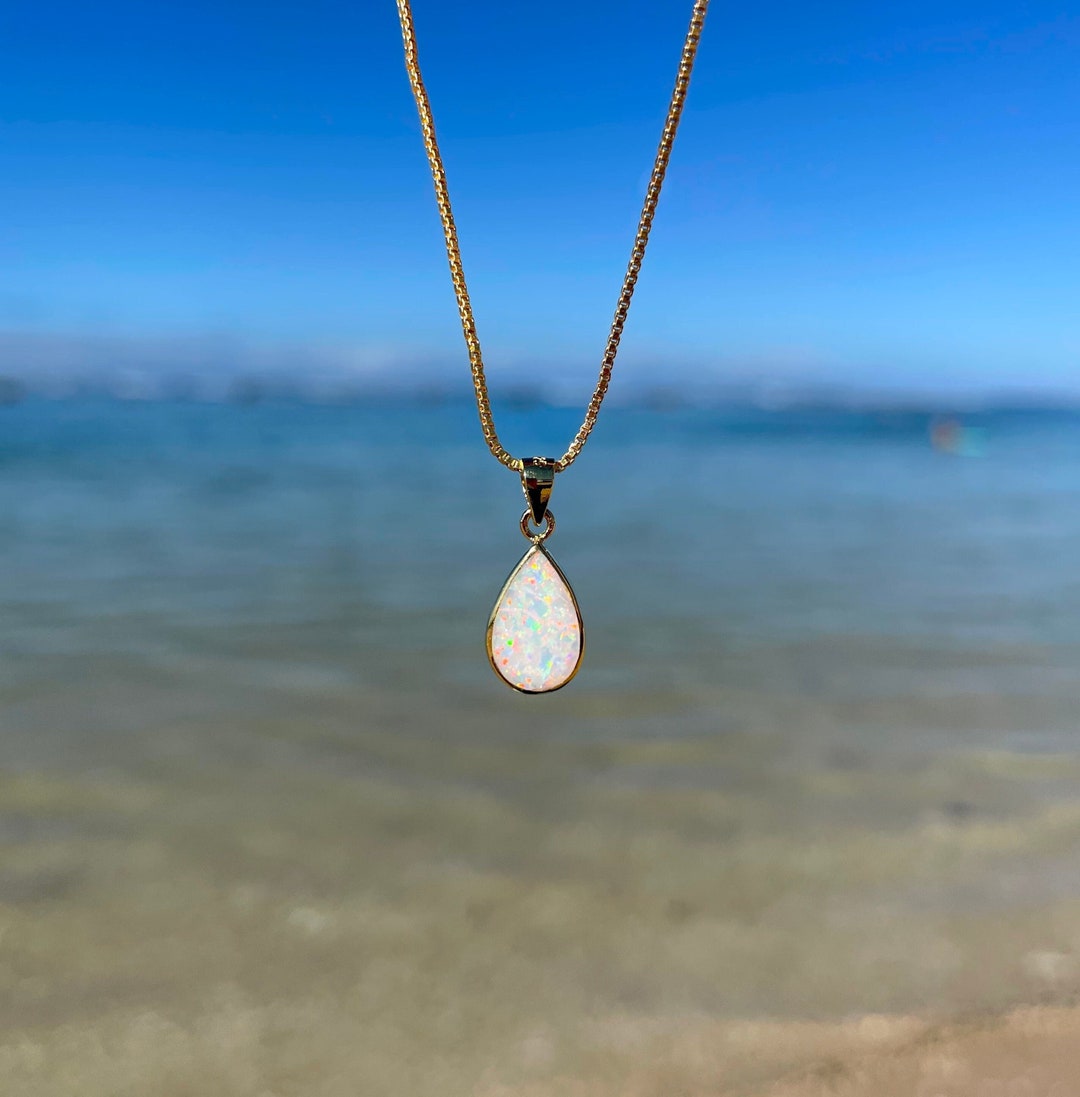 9ct Rose Gold Filled White Fire Opal Teardrop Pendant & Box Chain Necklace – Gift Boxed
