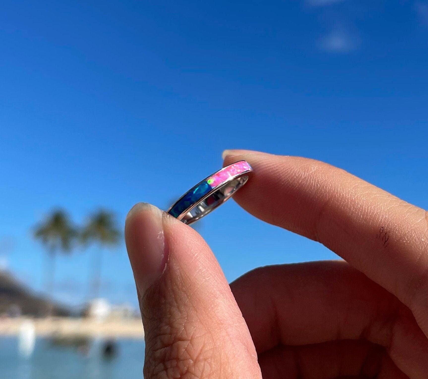 Fire Opal Infinity Ring, Pink White Blue Opal Sterling Silver Ring, Gift for Her, 3mm ring, 925 Solid Sterling Silver, Hypoallergenic