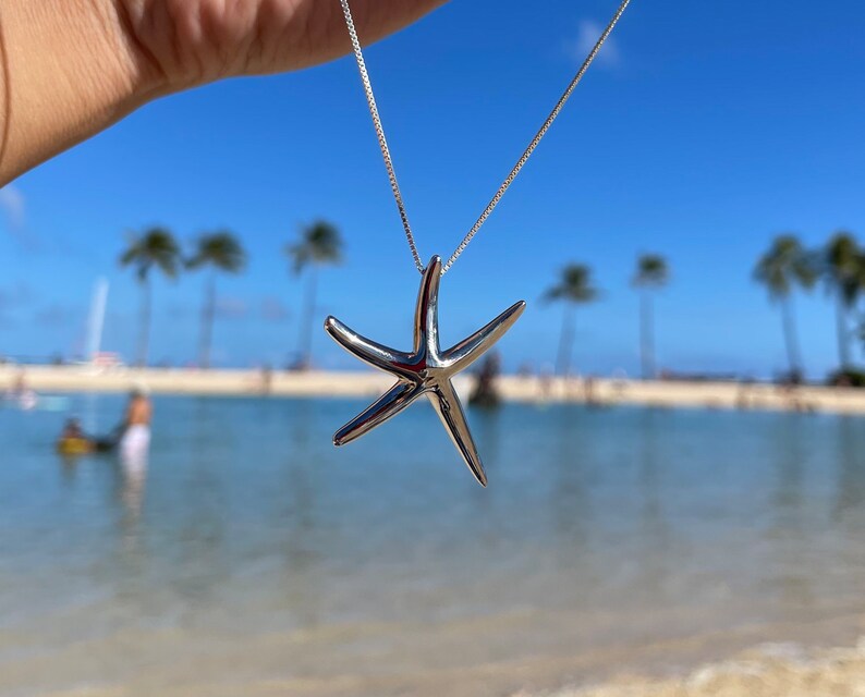 Peut inclure: Un collier avec un pendentif en forme d'&eacute;toile de mer argent&eacute;e suspendu &agrave; une cha&icirc;ne argent&eacute;e. Le collier est tenu par une main sur un fond flou de plage avec des palmiers et un ciel bleu.