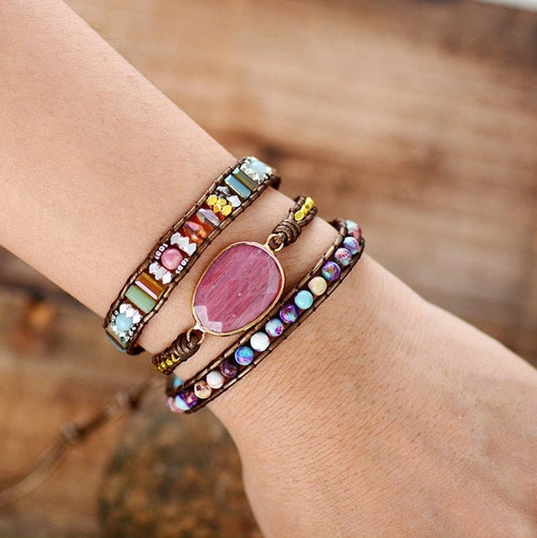 Stone Bead Bracelet Wrap Bracelet Pink Stone Bracelet Etsy