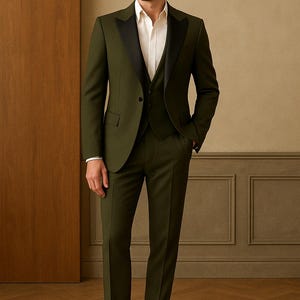 Khaki Green 3 Piece Man Suit , Tuxedo Wedding Dress For Man , Plus Size Event Groomsmen Formal Clothing