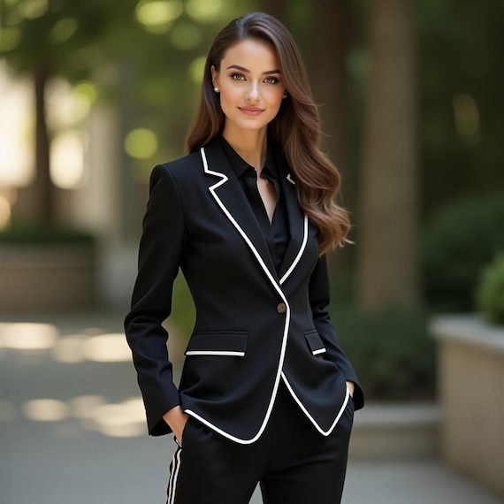 Black Two-Piece Suit: Women's Cotton Blend Blazer Straight Leg Trousers  Prom Suits Ladies Tuxedo Suits Wedding Suits