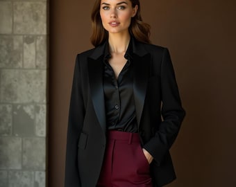 May include: A black blazer with satin lapels is paired with a black button-down shirt and burgundy pants. The outfit is a classic, professional ensemble. The blazer has a tailored fit, and the pants are a deep red color.