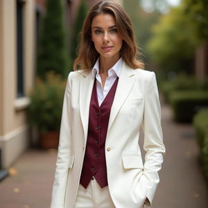 Off White Burgundy Vest 3-Piece Suit: Women&#39;s Tuxedo Set
