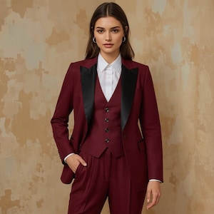 Burgundy Women&#39;s 3-Piece Pant Suit: Formal Tuxedo Bridal Wear