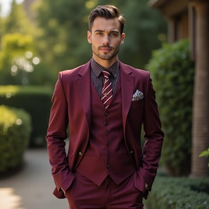 Burgundy Men 3 Piece Wedding Suit - Plus Size Formal Event Suit - Groomsmen Suit - Men&#39;s Clothing