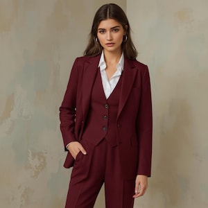 Burgundy Women&#39;s 3-Piece Pant Suit: Custom Tailored Tuxedo