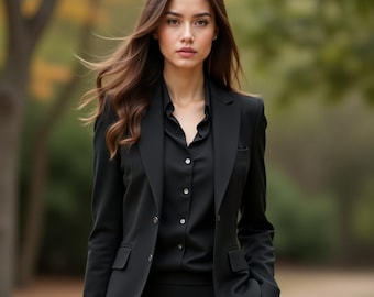 May include: A woman wearing a black blazer and a black button-down shirt. The blazer has two buttons and a pocket on the left side. The woman has long brown hair and is standing outside with a blurred green background.