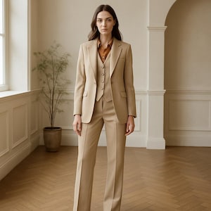 May include: A three-piece beige suit, consisting of a blazer, vest, and trousers. The suit is worn over a brown collared shirt. The outfit is tailored and appears to be made of a smooth fabric. The background is a neutral-toned room with a plant.